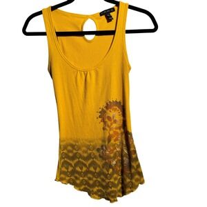 VTG Y2K FANG Mustard Yellow Ribbed Tank Top Asymmetric Boho Keyhole Back M